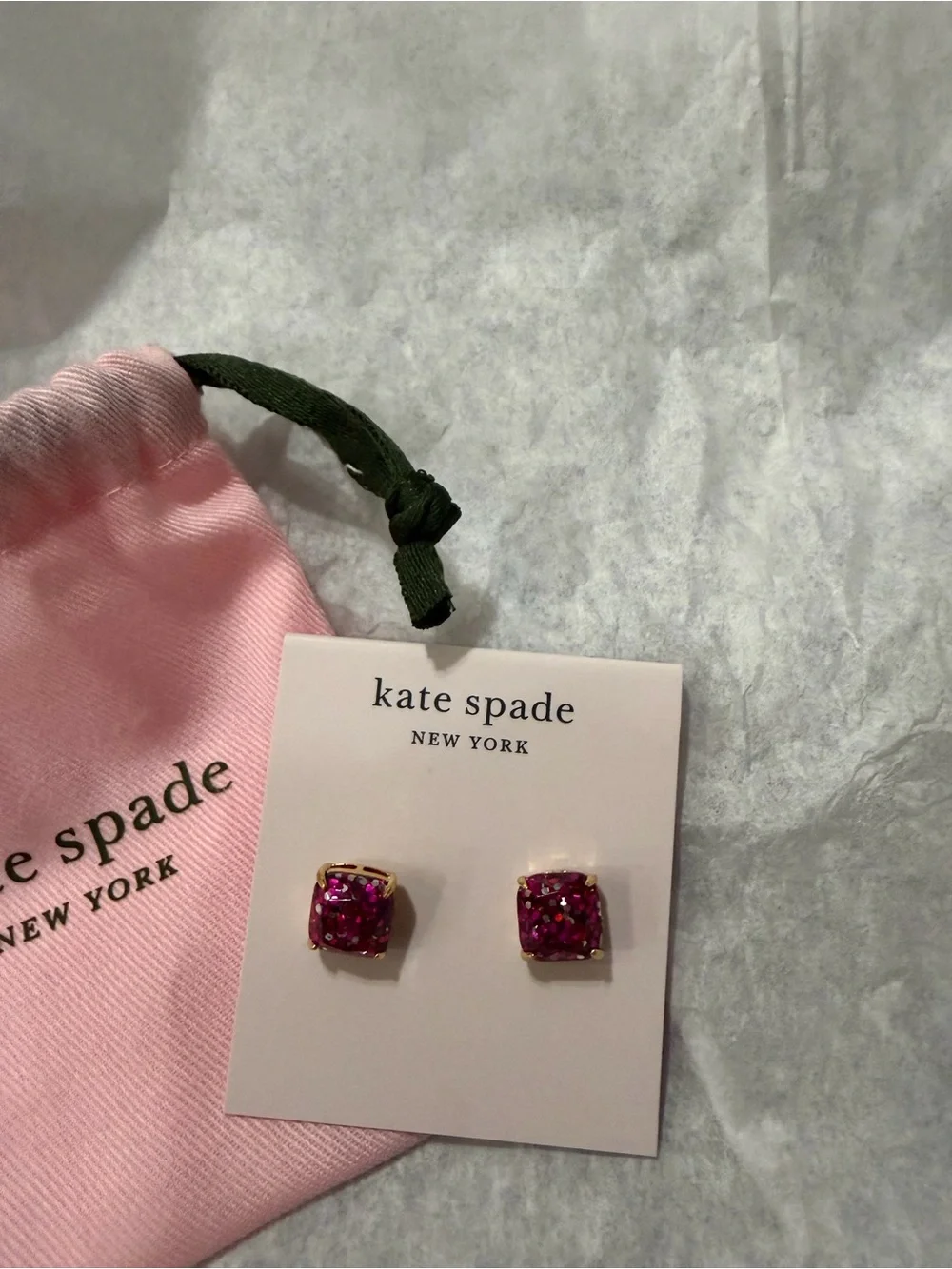NWT Kate Spade Mini Square Glitter Stud Earrings Pink Fuchsia Gold